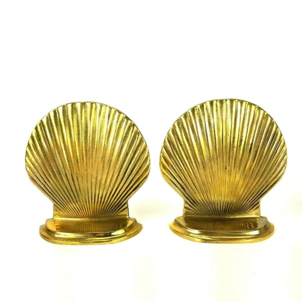Pair Vintage Brass Scallop Clam Sea Shell Book End